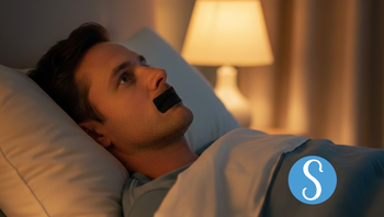 A man is lying in bed with mouth tape on his lips, looking worried. 