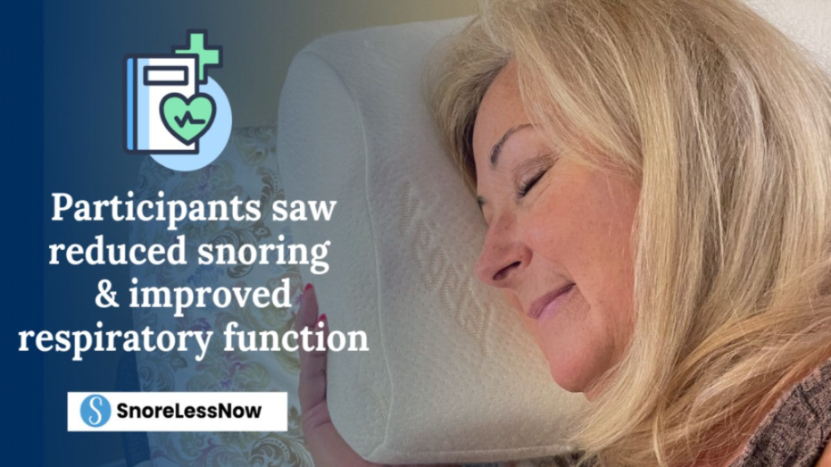 Woman sleeping on the Posiform Anti-Snore Pillow , with statistic about pillow study