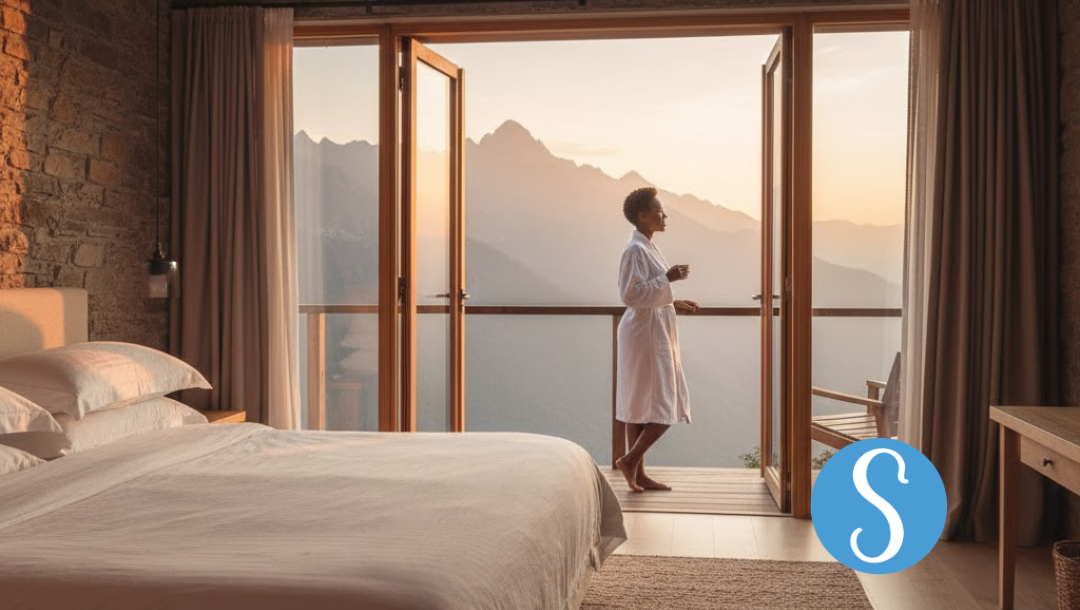 A woman is standing on a balcony in a luxurious hotel, looking at a mountainscape at sunset. She is wearing a hotel gown.