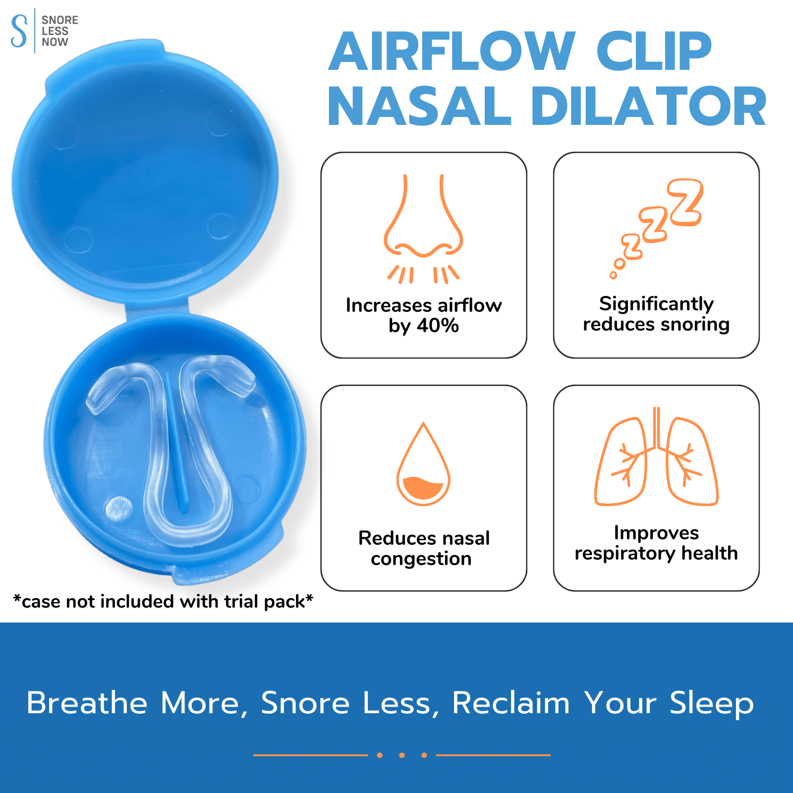 The Airflow Clip nasal dilator and its claim boxes, from SnoreLessNow's official product page